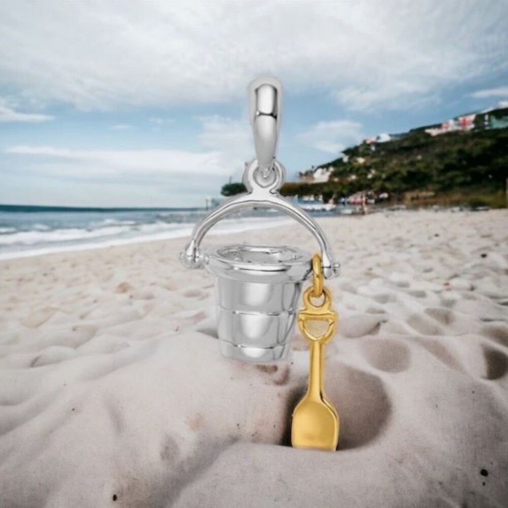 Closeout! Sterling Silver 3D Beach Bucket Charm Pendant 14k Gold Shovel Moveable